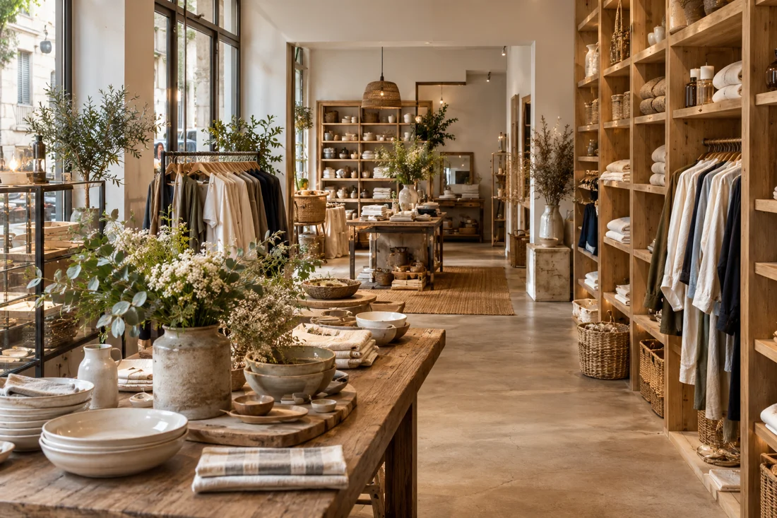 Intérieur d’une boutique avec vêtements et objets de décoration (photo d’illustration)