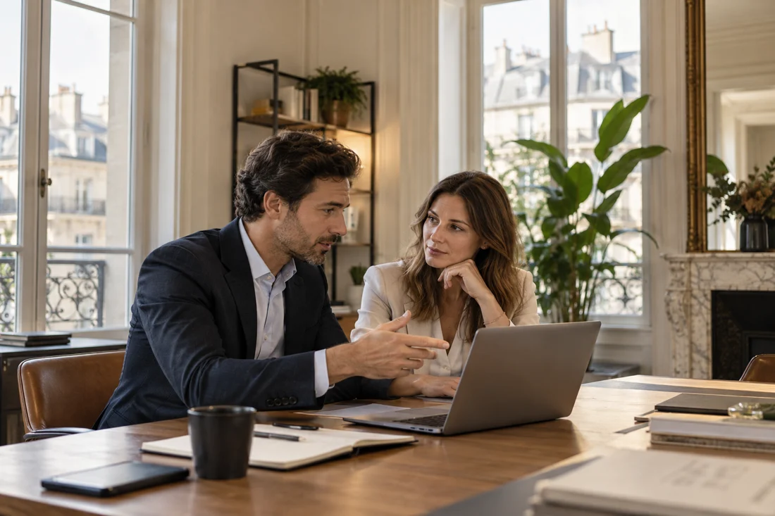 Deux personnes échangent autour d’un ordinateur portable dans un bureau (photo d’illustration)