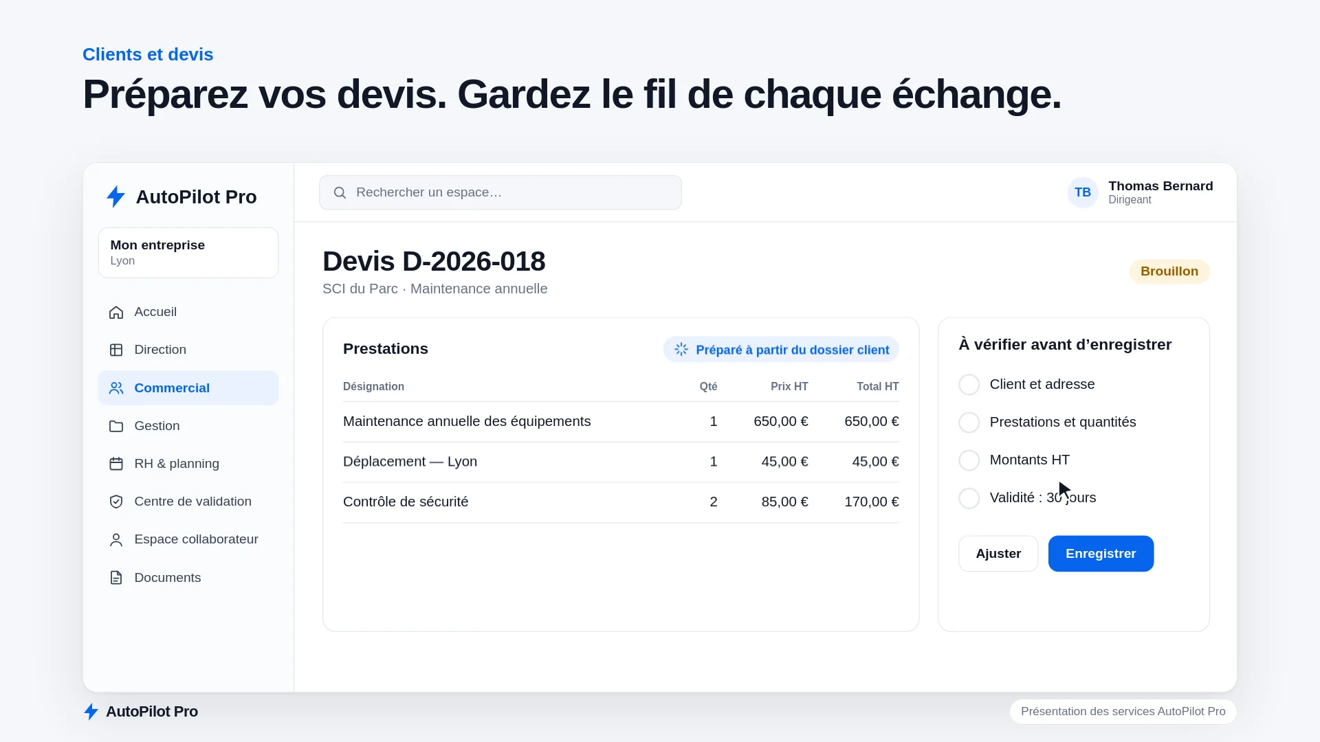 Aperçu de la présentation : un dossier client et son devis dans AutoPilot Pro
